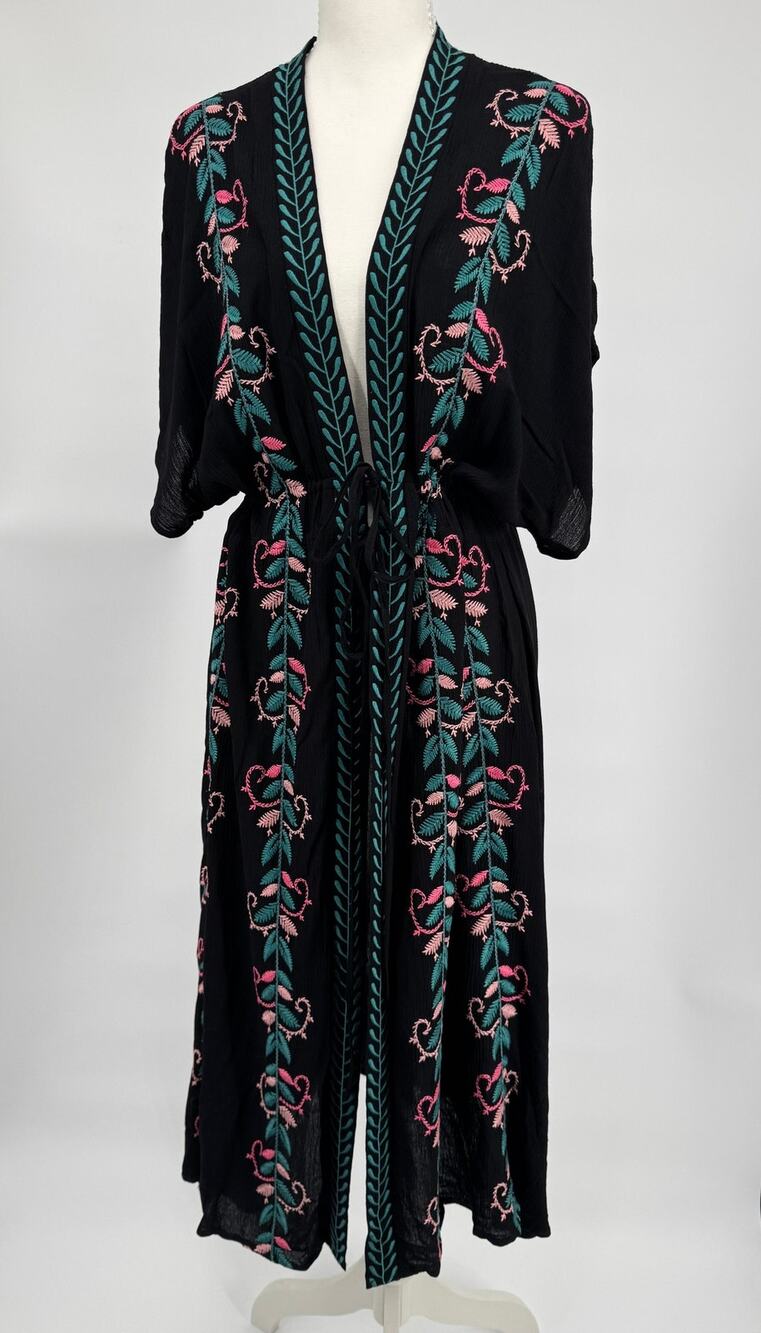 Curations Kimono Duster Womens L Black Floral Embroidered Boho Viscose Cover Up